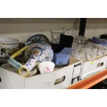 THREE TRAYS OF ASSORTED CERAMICS AND GLASSWARE TO INCLUDE ORIENTAL AND WEDGWOOD EXAMPLES