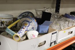 THREE TRAYS OF ASSORTED CERAMICS AND GLASSWARE TO INCLUDE ORIENTAL AND WEDGWOOD EXAMPLES