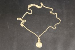 A HALLMARKED 9CT GOLD ST CHRISTOPHER PENDANT ON UNMARKED YELLOW METAL CHAIN