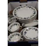 A TRAY OF ROYAL DOULTON BURGUNDY PATTERN DINNERWARE