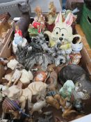 A TRAY OF ASSORTED COLLECTABLE ANIMALS ETC TO INCLUDE A ROYAL DOULTON BUNNYKINS MUSICAL HAPPY