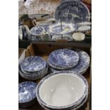 TWO TRAYS OF MYOTT 'THE HUNTER' BLUE AND WHITE TEA AND DINNERWARE TOGETHER WITH OTHER BLUE AND WHITE