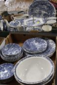 TWO TRAYS OF MYOTT 'THE HUNTER' BLUE AND WHITE TEA AND DINNERWARE TOGETHER WITH OTHER BLUE AND WHITE