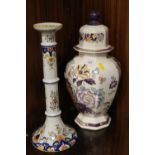 A LARGE MASONS AMETHYST LIDDED TEMPLE JAR TOGETHER WITH A FAIENCE CANDLESTICK