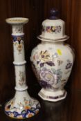 A LARGE MASONS AMETHYST LIDDED TEMPLE JAR TOGETHER WITH A FAIENCE CANDLESTICK