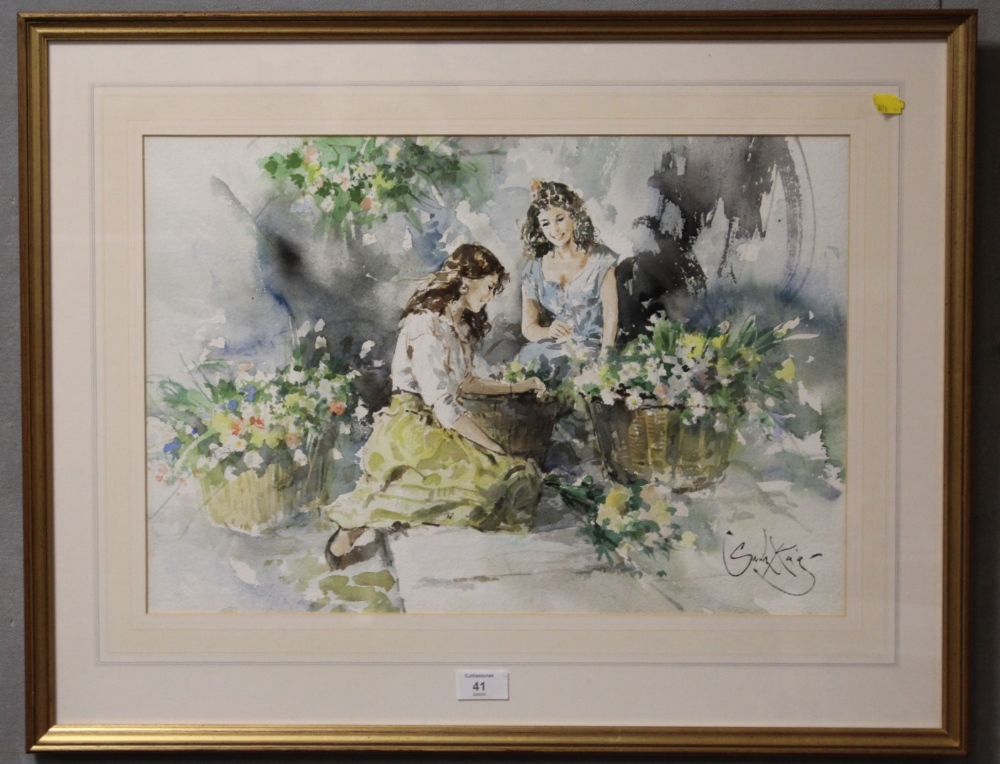 A FRAMED AND GLAZED WATERCOLOUR OF TWO YOUNG GIRLS WITH FLOWER BASKETS BY GORDON KING