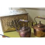 TWO COPPER KETTLES TOGETHER WITH A SMALL BRASS COAL BOX