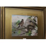 A GILT FRAMED AND GLAZED PASTEL / MIXED MEDIA ON BOARD OF BIRDS AND NEST - INITIALLED LOWER RIGHT