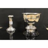 A HALLMARKED SILVER CANDLESTICK TOGETHER WITH A SMALL TROPHY BOWL ON STAND (2)