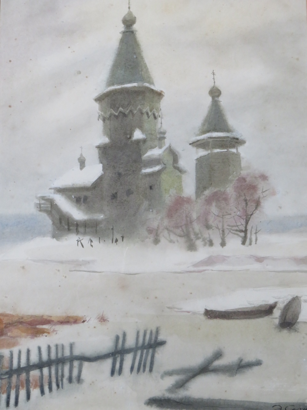 (XIX-XX). Russian school, wintry river landscape with church, signed lower right, watercolour,