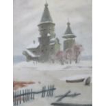 (XIX-XX). Russian school, wintry river landscape with church, signed lower right, watercolour,