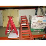 A PAIR OF CAR RAMPS, BOX OF RECORDS, AXLE STANDS ETC