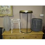 A MODERN LAMP TABLE, METAL WIRE STOOL ETC (4)