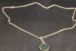 A CHESTER HALLMARKED 9CT GOLD DOUBLE SIDED SWIVEL FOB ON A 9K BELCHER CHAIN