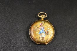 AN ENAMEL FRONTED FULL HUNTER FOB WATCH WITH IMAGE OF A LADY IN A BLUE & WHITE DRESS AMONGST FLOWERS