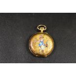 AN ENAMEL FRONTED FULL HUNTER FOB WATCH WITH IMAGE OF A LADY IN A BLUE & WHITE DRESS AMONGST FLOWERS