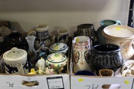 TWO TRAYS OF ASSORTED CERAMICS TO INCLUDE STONEWARE JUGS AND VASES, POOLE SEALS AND DOLPHINS ETC