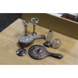 A SELECTION OF HALLMARKED SILVER DRESSING TABLE ITEMS ETC TO INCLUDE A PAIR OF VASES - ALL A/F