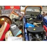 TWO TRAYS OF ASSORTED COLLECTABLES, TO INCLUDE GUITAR TUNER, TINPLATE SIGNS,, A UNIVERSAL AVOMETER