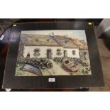A CLIP FRAMED WATERCOLOUR OF BOATS AND LOBSTER POTS IN FRONT OF A WELSH COTTAGE SIGNED LOWER LEFT