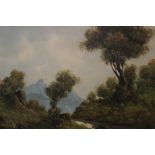 A GILT FRAMED OIL ON CANVAS MOUNTAINOUS LANDSCAPE SIGNED HANNAH LOWER RIGHT TOGETHER WITH A LARGE
