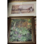A FRAMED AND GLAZED RUSSELL FLINT PRINT TOGETHER WITH A FRAMED OIL ON BOARD ON LUPINS IN THE
