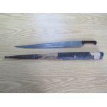 A VINTAGE KHYBER STYLE SWORD IN WOODEN AND METAL SCABBARD, part covered with leather, overall L 69