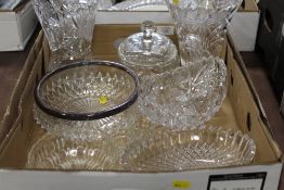 A TRAY OF CUT GLASS VASES ETC