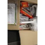 A BOX OF HORNBY ROLLING STOCK, TRAIN TRACK, POWER CONTROLLERS ETC