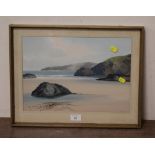 A FRAMED AND GLAZED WATERCOLOUR AND GOUACHE OF A BEACH SCENE SIGHED R D SHERRIN ;