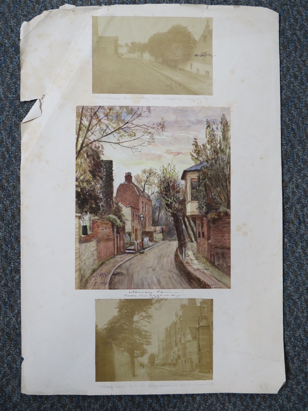 J. MAY. Street scene 'Hornsey Lane Near Archway', together with two sepia newspaper photos signed