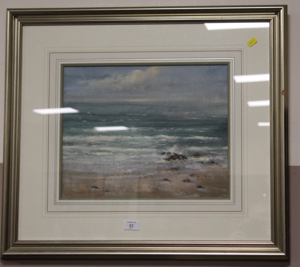 A FRAMED AND GLAZED MIXED MEDIA BEACH SCENE INDISTINCTLY SIGNED LOWER LEFT