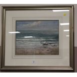 A FRAMED AND GLAZED MIXED MEDIA BEACH SCENE INDISTINCTLY SIGNED LOWER LEFT