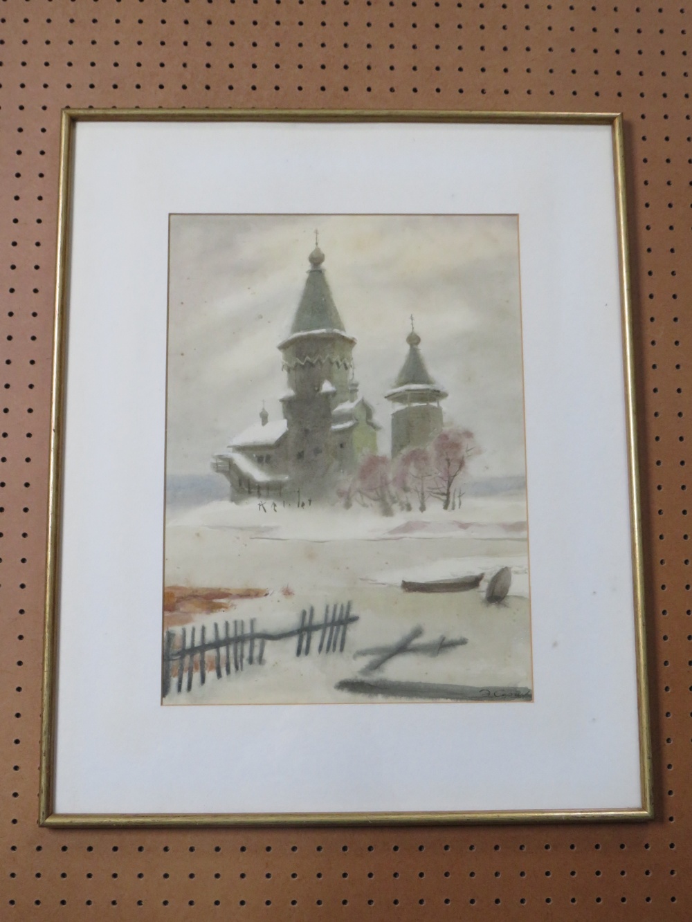 (XIX-XX). Russian school, wintry river landscape with church, signed lower right, watercolour, - Image 4 of 5