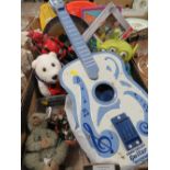 A TRAY OF ASSORTED VINTAGE AND MODERN TOYS ETC TO INC A CHAD VALLEY METAL GUITAR A/F, VARIOUS COCA