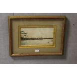 A FRAMED AND GLAZED WATERCOLOUR OF AN INDUSTRIAL RIVER HARBOUR SCENE SIGNED LOWER RIGHT BARTRAM