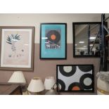 A MODERN FRAMED PRINT WITH A MIRROR AND TWO 'RECORD' PRINTS