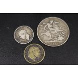 THREE ANTIQUE BRITISH COINS INCLUDING A VICTORIAN CROWN DATED 1889