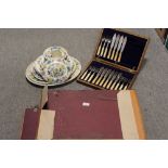 A SELECTION OF SUNDRIES TO INC MASONS REGENCY CHINA, OAK CUTLER CASE AND CONTENTS ETC