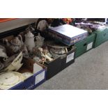 FOUR TRAYS OF ASSORTED CERAMICS AND SUNDRIES TO INCLUDE A CERAMIC SHIRE HORSE WITH CART