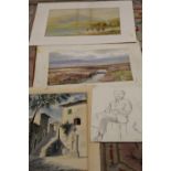 A COLLECTION OF UNFRAMED PAINTINGS, PICTURES AND DRAWING TO INCLUDE HIGHLAND CATTLE WATERING