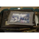 A TRAY OF ASSORTED VINTAGE FRAMED PRINTS AND PHOTOGRAPHS ETC