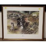 A SIGNED LIMITED EDITION MICK CAWSTON PRINT- STUDY OF A SHEEP DOG, SHEPHERD AND SHEEP