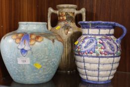 THREE VINTAGE DECORATIVE VASES TO INC A CHARLOTTE RHEAD EXAMPLE - ALL A/F