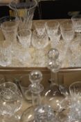 TWO TRAYS OF ASSORTED GLASSWARE TO INCLUDE DECANTERS, WINE GLASSES ETC