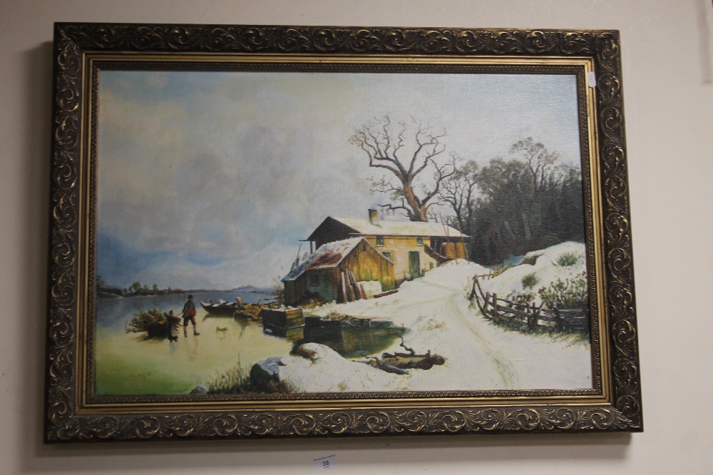 AN OIL ON CANVAS SIGNED W. LANG 1981 IN GILT FRAME 90 CM X 64 CM