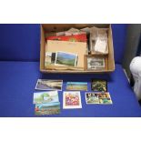 A TRAY OF EPHEMERA TO INCLUDE POST CARDS, BROOKE BOND PICTURE CARD ALBUMS WITH PICTURES, ESSO