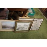 TWELVE PICTURES AND PRINTS TO INCLUDE A FRAMED MAP OF STAFFORDSHIRE 52 X 42 CM