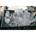 A TRAY OF MAINLY CUT GLASS DECANTERS (TRAY NOT INCLUDED)