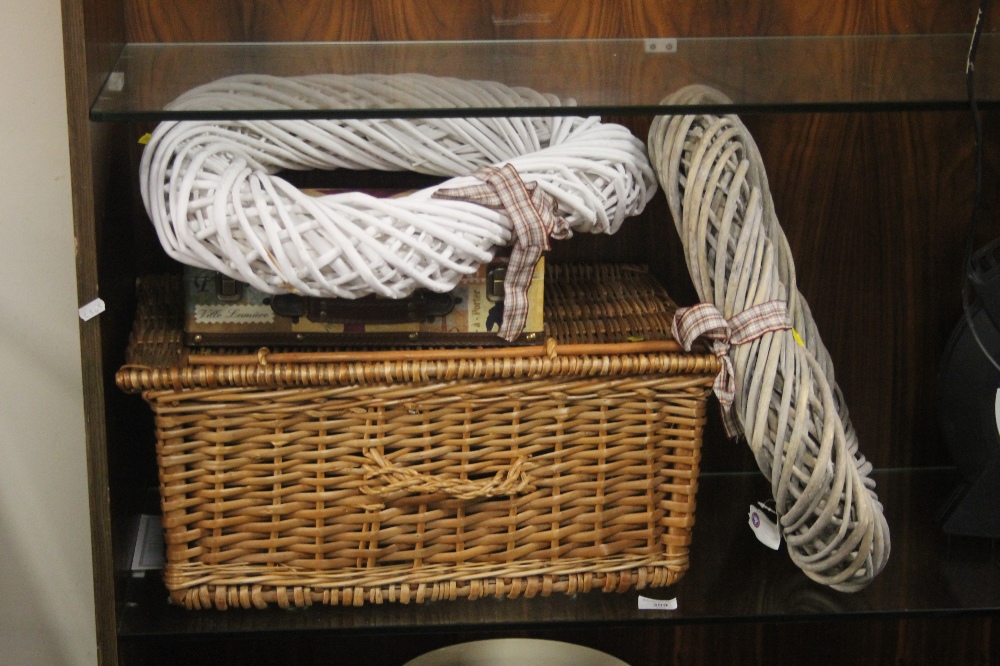 A WICKER BASKET, 2 WOODEN WREATHS ETC